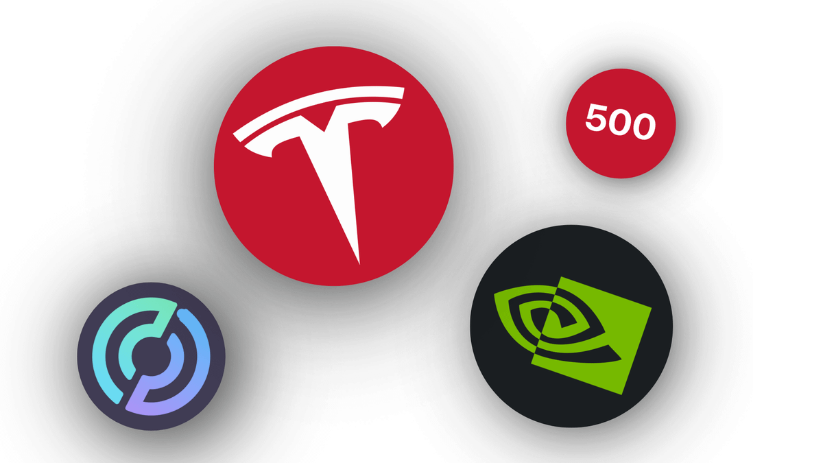 Tesla, Circle, Nvidia 로고 콜라주와 500 뱃지 — Solana의 토큰화된 주식을 나타냄