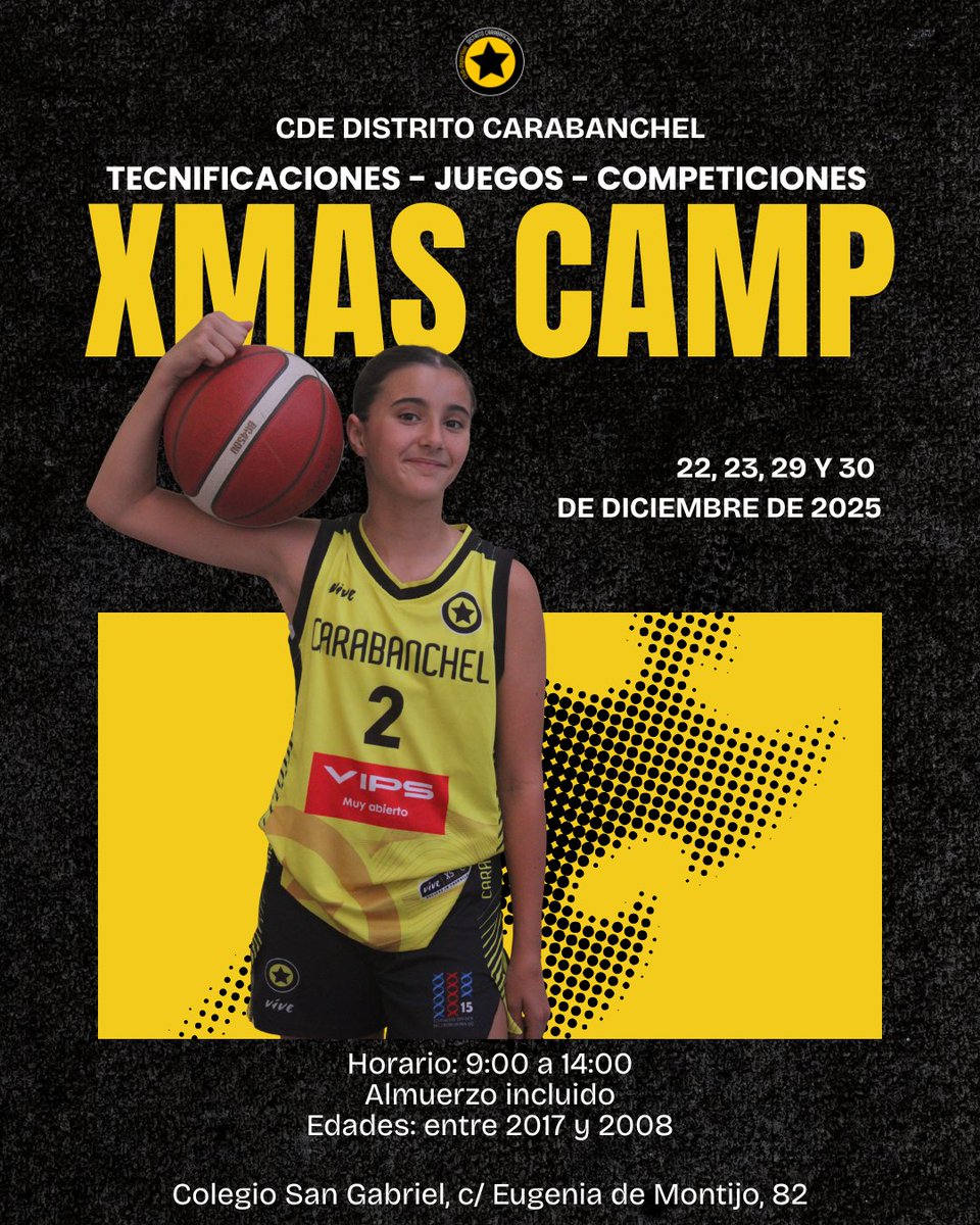 ✨🏀 ¡Vuelve nuestro Campus de Navidad! 🏀✨

📅 22, 23, 29 y 30 de diciembre
📍Colegio San Gabriel

Entrenamientos técnicos, juegos, competiciones y ambiente navideño 🎄

⚠️ Plazas limitadas

👉 Inscripciones abiertas