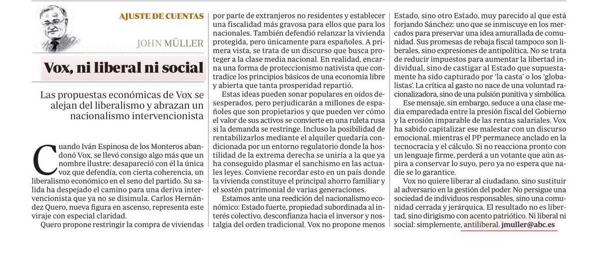 Llamar liberal a lo que es intervencionismo es confundir a la gente. 

Este artículo explica con claridad que VOX no defiende un modelo de libertad económica, sino un nacionalismo intervencionista. 

Un análisis incómodo, pero necesario, hecho con rigor.