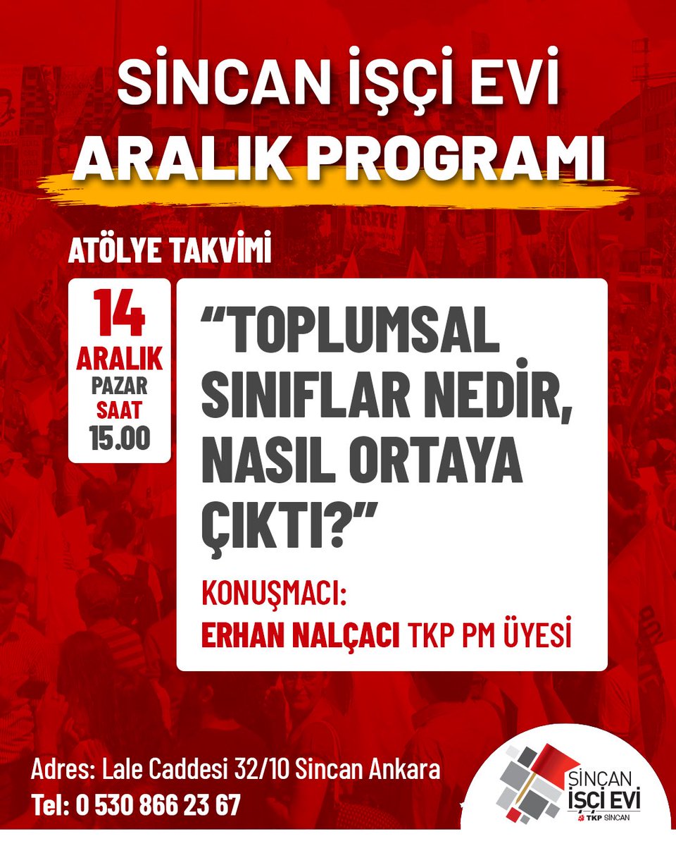 #Ankara’da #sosyalizm atölyeleri başlıyor. Bu ayın konusu: “Toplumsal sınıflar nedir, nasıl ortaya çıktı?” 

Kayıt için görsellerde yer alan telefon numaralarından bize ulaşabilirsiniz.