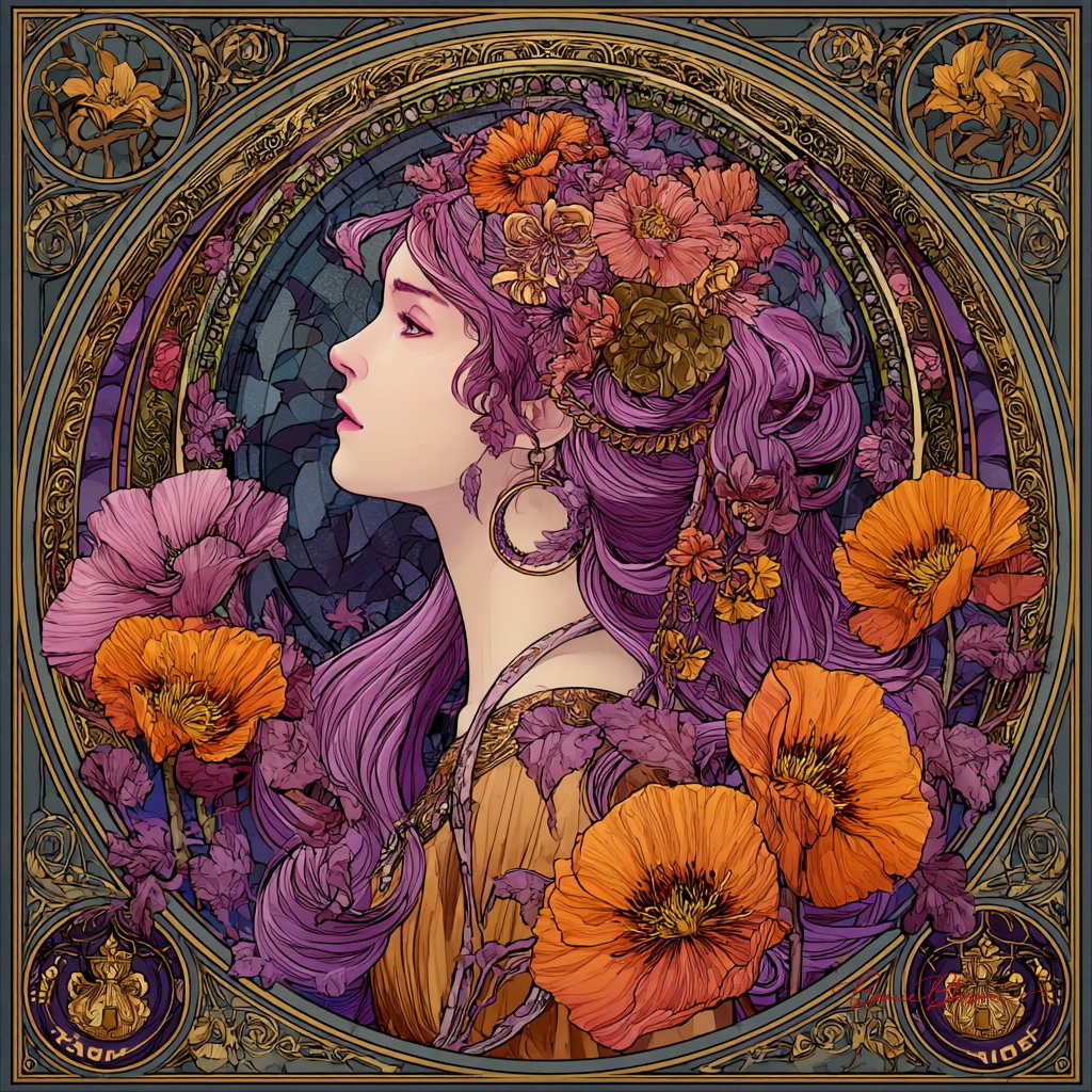 BeanieBlossom's tweet photo. Prompt: An art nouveau goddess emerging from a cascade of poppies, dahlias, and peonies in blazing oranges, deep purples, and hot pinks, her flowing hair transforming into decorative tendrils and botanical patterns, surrounded by sinuous gold filigree and stained glass motifs, illustrated in decorative symbolist style with elegant curves and rich chromatic layers

Feel free to join in :)
#AIArtWork #AIArt #AIArtists #AIArtCommunity #PromptShare