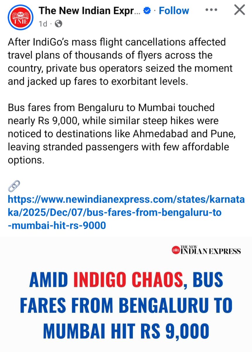 SurajyaCampaign's tweet image. #indigochaos | #IndigoFlightsCancelled
🔥 Private bus fares soar as #IndiGo flight disruptions leave thousands scrambling for alternatives.

#IndiGoCrisis activates the scavenger opportunistic ecosystem.

Need more cappings !
@narendramodi @AmitShah @OfficeOfNG @RamMNK @DGCAIndia…