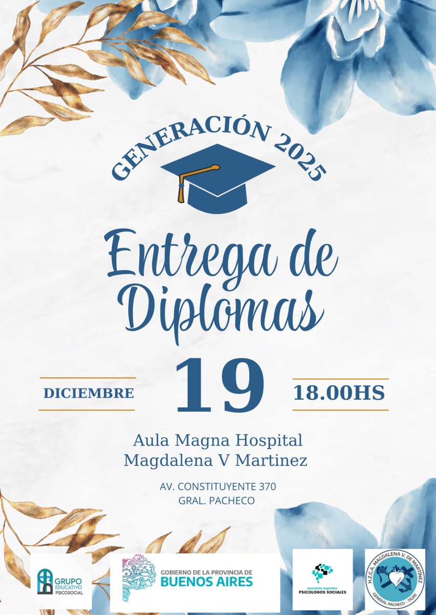 Feceaba2's tweet image. 19/12 acto de colación , en el que graduados y graduadas del GEP recibirán sus diplomas. La ceremonia se realizará desde las 18.00 hs en el Aula Magna del Hospital Magdalena V Martínez, Av. Constituyente 370 Gral. Pacheco. ¡Felicitaciones graduados y graduadas!