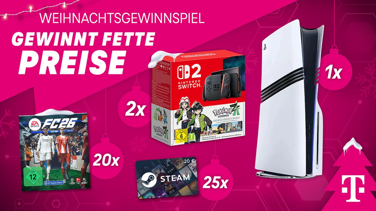 Telekom_zockt's tweet image. 🎄!Weihnachtsgewinnspiel!🎄

Dieses Jahr unterm Baum:
1x Playstation 5 Pro
2x Nintendo Switch 2 inkl. Pokemon Legenden Z-A
20x EA FC 26
25x 20€ Steamgutschein

Das müsst ihr tun:
➡️Uns folgen
➡️Beitrag liken und teilen
➡️Kommentiert was ihr euch zu Weihnachten wünscht…