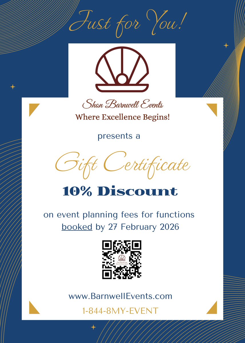 BarnwellEvents's tweet image. Just for you ... a 10% Discount on events booked by 27 Feb 2026. Let us show you, "Where Excellence Begins!"

BarnwellEvents.com

#BarnwellEvents #EventPlanner #EventManagement #Events #Travel #Training #CorporateEvents  #womanowned #veteranowned #thankyou #MerryChristmas
