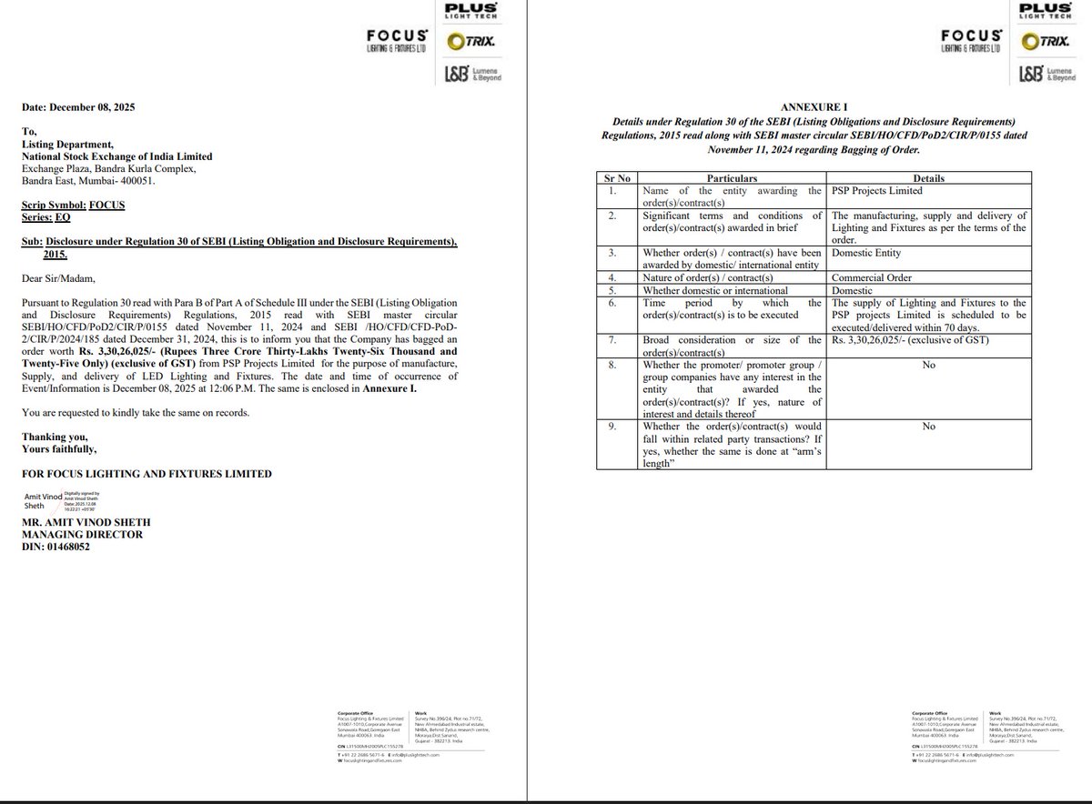 AvinashGoraksha's tweet photo. #FocusLighting&FixturesLimited 

Focus Lighting & Fixtures Limited has secured an order worth ₹3.30 Cr (exclusive of GST) from PSP Projects Limited for the manufacture, supply, and delivery of LED lighting and fixtures. The order is scheduled to be executed within 70 days.

#Focus
#PSPProjects 
#LightingSolutions 
#OrderWin