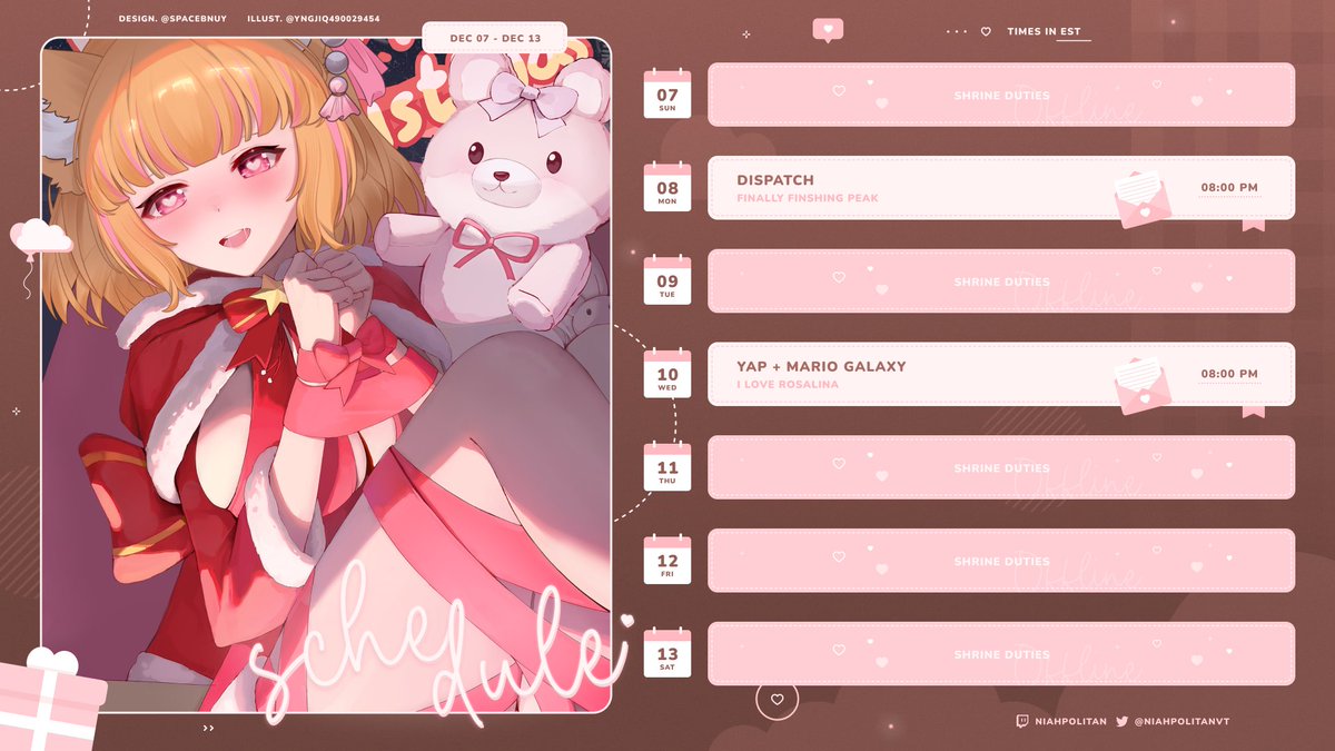 ‿︵ʚ˚̣̣̣͙ɞ SCHEDULE TIME ʚ˚̣̣̣͙ɞ‿︵ 
i MAY take a saturday stream if a certain stream partner gets twitch partner we shall see
🍨im finally finishing dispatch YEAHHH
🍨lets YAP and GOON to rosalina

#Vtuber / #ENVtuber