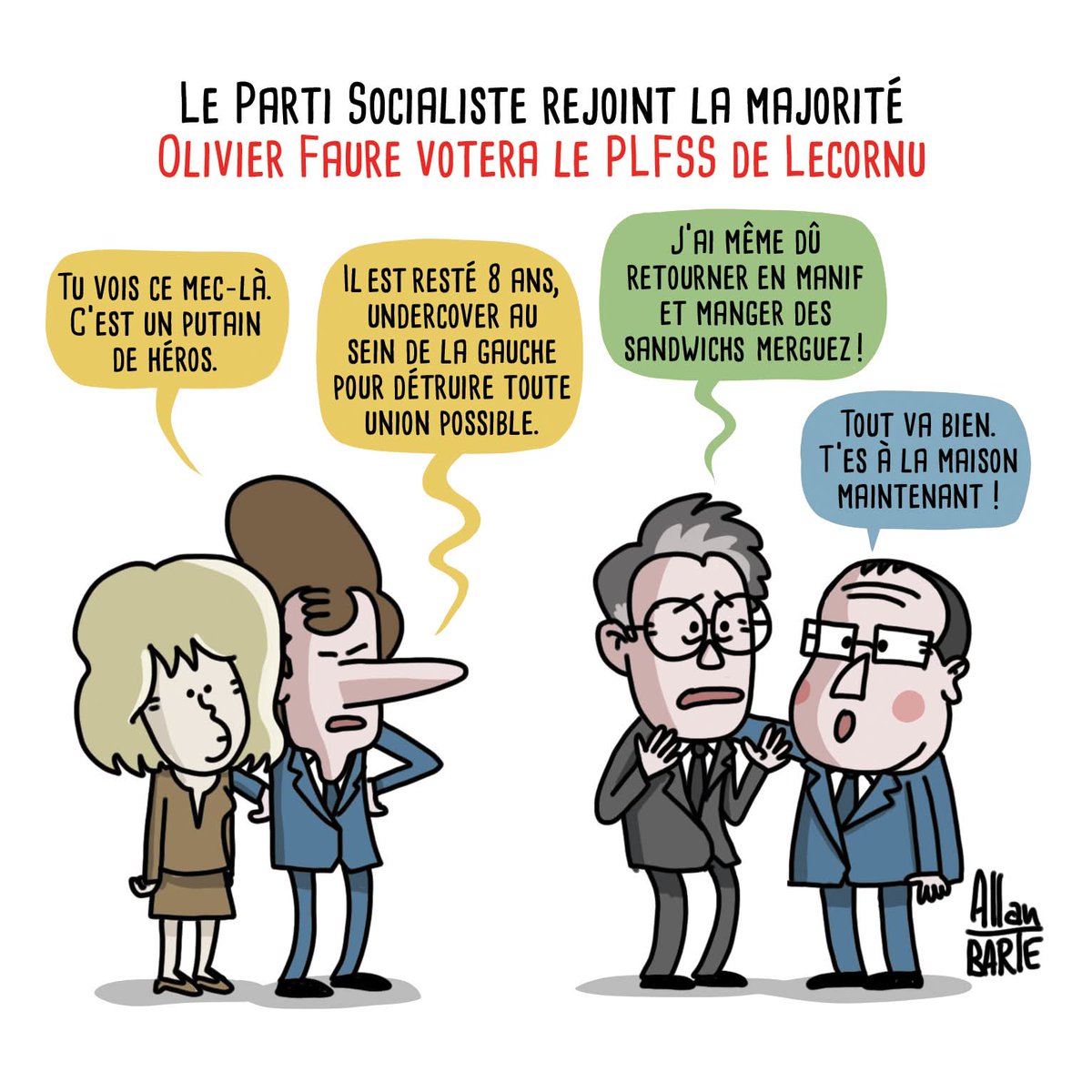 Retour au bercail : Le Parti Socialiste rejoint la majorité.
Olivier Faure appelle à voter le PLFSS de Lecornu.

Pour soutenir la lutte dessinée, engagée et indépendante :
▶️ ko-fi.com/allanbarte 
▶️ fr.tipeee.com/allan-barte