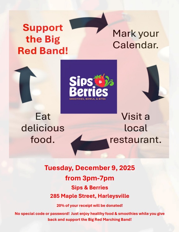 Join us for Dine Out Night at Sips &amp; Berries in Harleysville this Tuesday! 20% of all orders between 3-7 pm donated back to the Band. No code necessary. Give yourself the night off &amp; the gift of some healthy food this holiday season! #SoudertonBigRedMarchingBand
<a href="/sipsandberries/">sipsandberries</a>