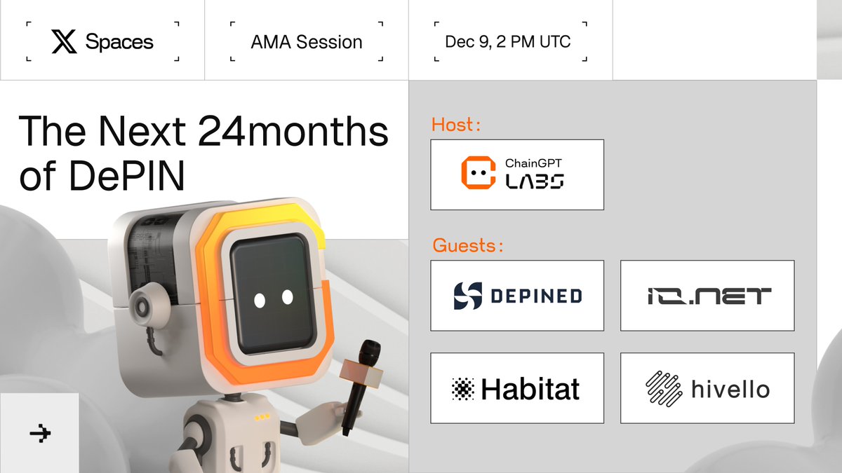 ChainGPT_Labs's tweet image. Where is DePIN heading next?

Let’s talk about the trends, the challenges, and the opportunities shaping the next 24 months of decentralized infra!

Guests: @ionet | @DePINed_org | @HabitatProtocol | @HivelloOfficial

📅 Tuesday, Dec 9th
🕑 2pm UTC
📌