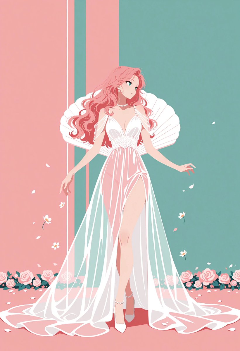 「ベクターアート風」で、ここまで透明感が出せるとは……。✨

フラットな塗りなのに、ドレスが透けているこの質感。 実はこれ、『translucent flowing gown』 という言葉が効いています。

通常、透け感はグラデーションで表現しがちですが、あえて 『flat color』