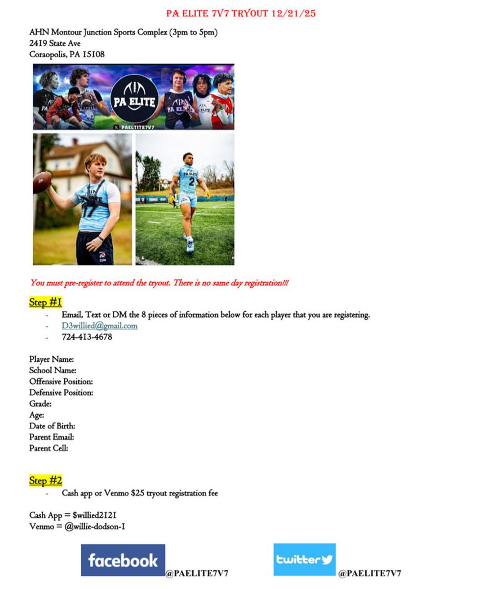 PAELITE7v7's tweet image. 13 days until the tryout on 12/21/25

100+ kids pre-registered 

No walk in signup. You MUST be pre-registered to participate. 

We have an organized and detailed process from the start of the tryout to the end of the tryout. 

#OffseasonReps
#TheStandard
#ComeGetBetter