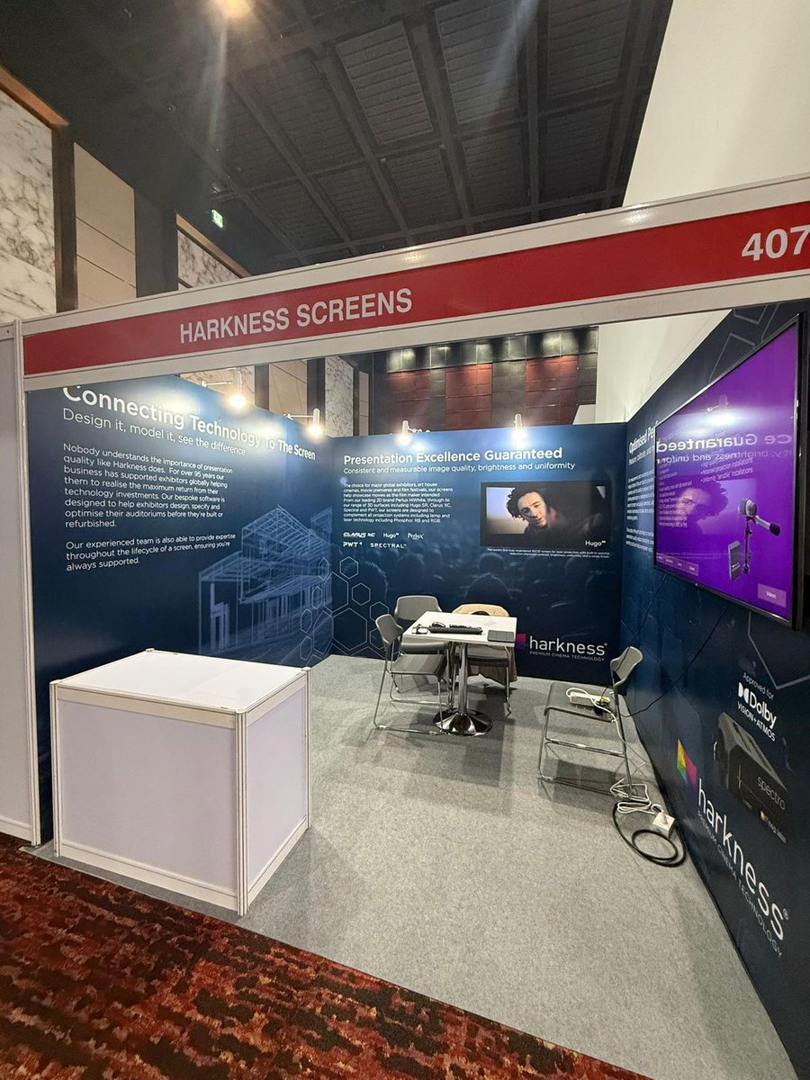 HarknessGroup's tweet photo. Our booth at #CineAsia is ready! Explore the next generation of cinema technology — the HSG Labs Checker, Hugo Screens, and advanced digital tools built to deliver perfect presentation quality. Visit us at Booth 407!
#HarknessScreens #CineAsia2025 https://t.co/mpbSrIxTfQ