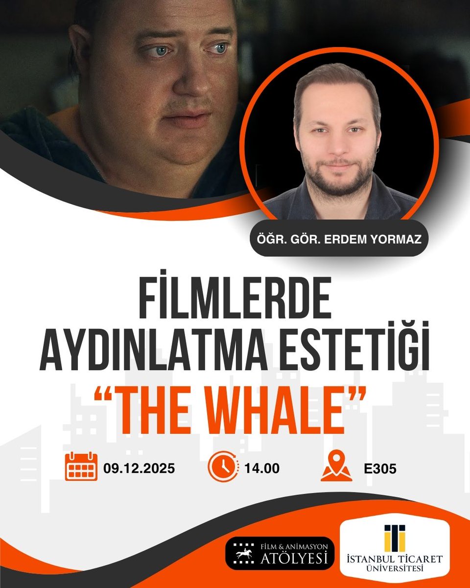 Görsel İletişim Tasarımı Bölümü ve Film &amp; Animasyon Atölyesi’nin ortak düzenlediği bu etkinlikte, Öğr. Gör. Erdem Yormaz ile sinemanın duygusal derinliğini ve görsel dilini belirleyen aydınlatma tekniklerini "The Whale" filmi üzerinden inceleyeceğimiz etkinliğimize davetlisiniz!