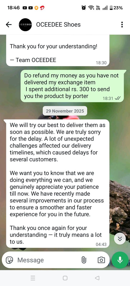 somasinghdpsg's tweet photo. @oceedeeshoes l purchased a pair of footwear and requested exchange because of the size issues. Spent additional INR 300 to send the item by porter, over a month now and no refund, no exchanged pair. @jagograhakjago suggest what to do? https://t.co/c3GlIGei8U