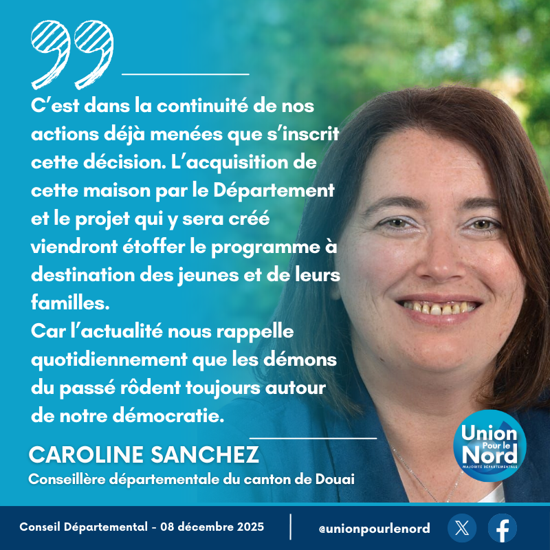 [🔴Direct #cd59] Caroline Sanchez, Conseillère départementale du #Nord est intervenue en séance plénière pour la majorité départementale <a href="/unionpourlenord/">Union Pour le Nord</a> sur l'achat de la maison d'enfance de Lili Keller Rosenberg.