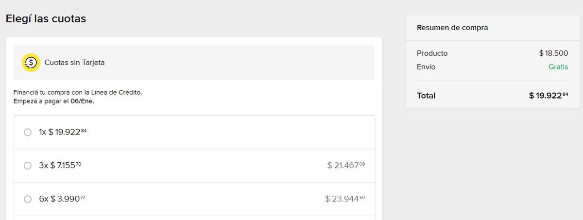 Qué onda <a href="/ML_Argentina/">Mercado Libre Argentina</a> <a href="/Mercadolibre/">Mercado Libre</a>???

- Precio: $18500
- Mismo precio en 3 Cuotas sin tarjeta

Vas al checkout:
- No hay 3 cuotas sin interes
- El total es más caro 

WTF???