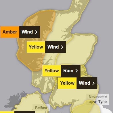 ScotRail's tweet image. ⚠️🌧️ The Met Office have issued an amber weather warning for strong winds from 16:00 tomorrow until midnight. North-western areas will see the strongest winds with estimated gusts reaching 70 - 80mph. Elsewhere, gusts of 50 - 60mph are possible, along with heavy rain in the…