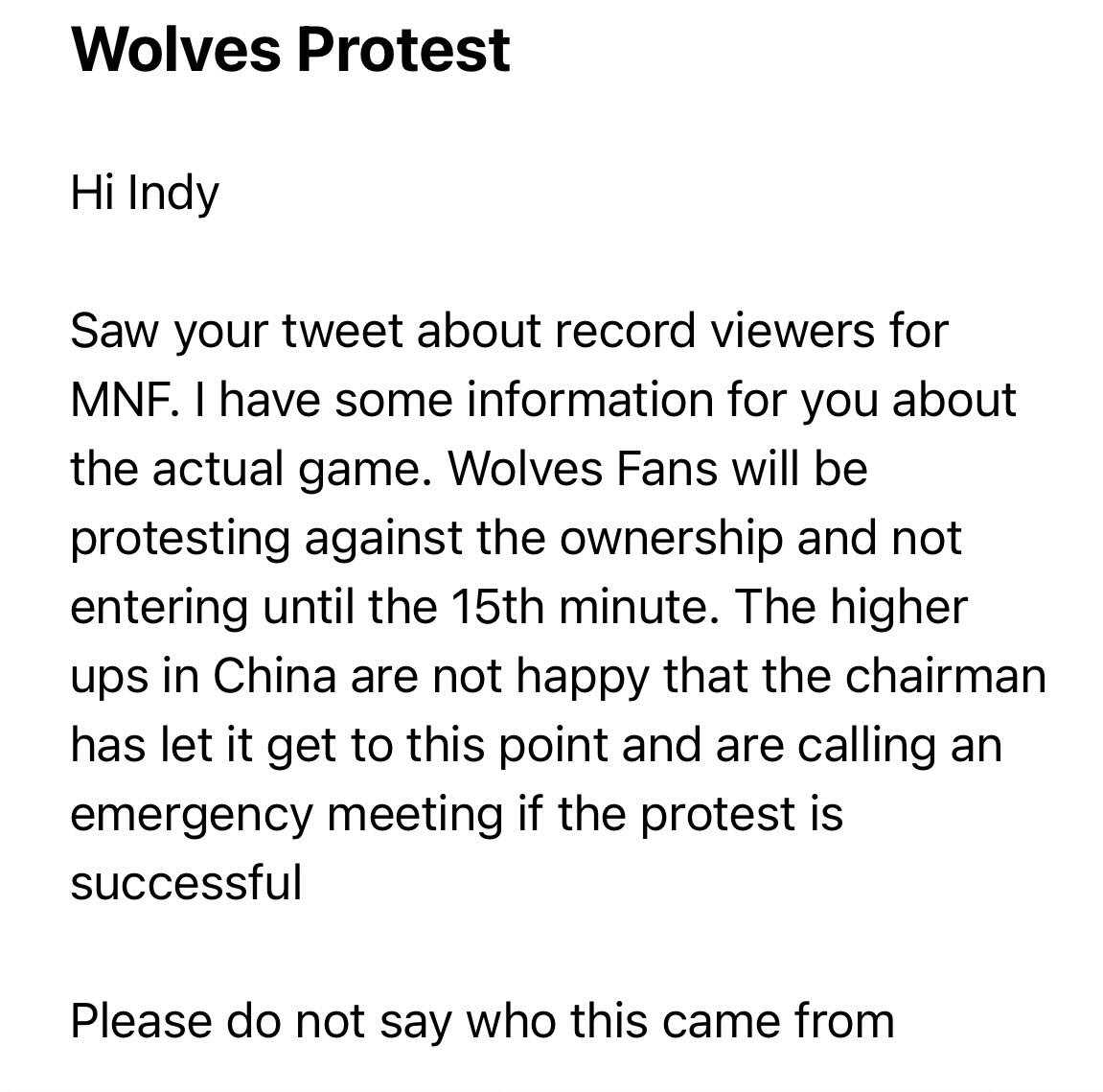 indykaila's tweet image. Email 📧 sent to us! We can’t confirm if this is from a @Wolves employee 🐺

We kept the identity secret 🤫