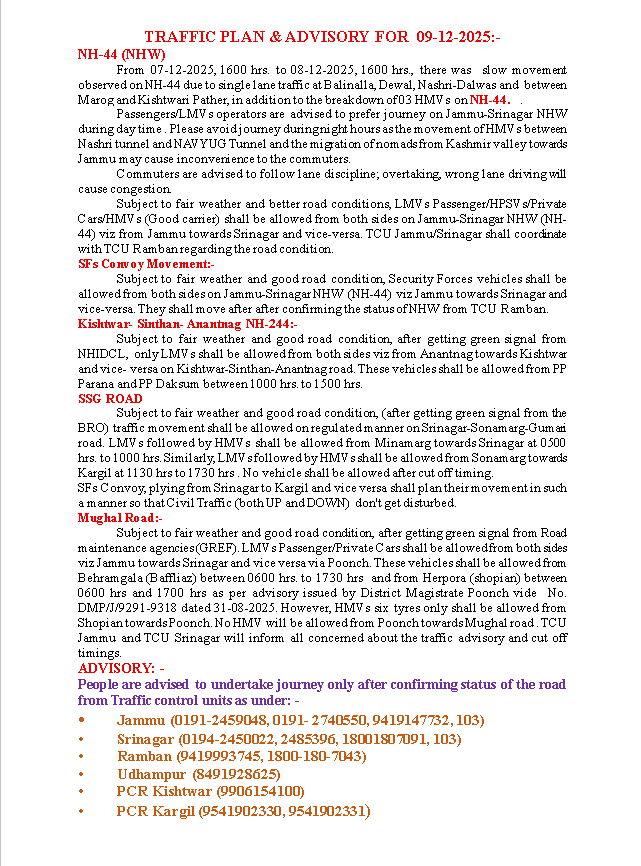 traffic_jammu's tweet photo. #TRAFFIC_PLAN_&amp;_ADVISORY_FOR_09_12_2025:- https://t.co/UBTxU7KcL4