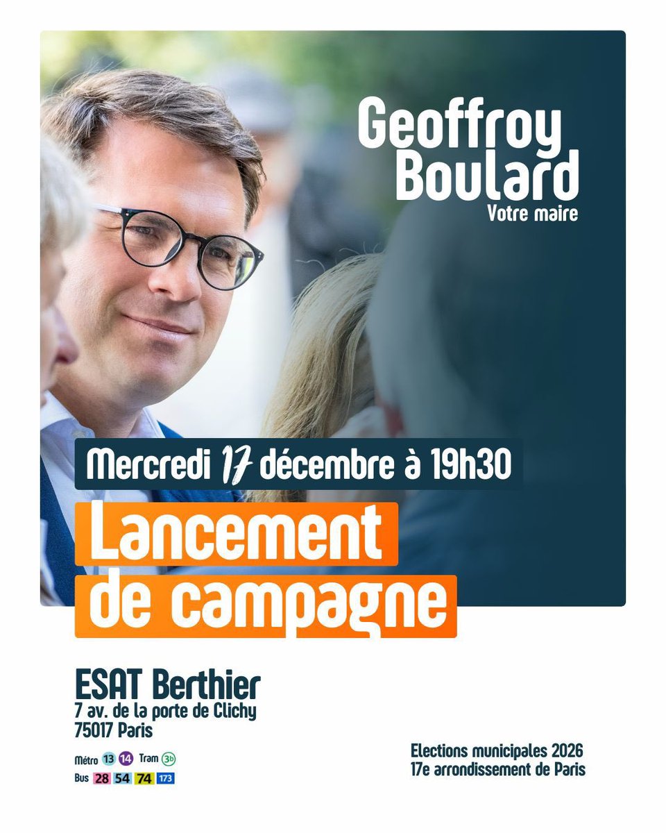 Parce que le 17e est au cœur de nos vies et de nos projets 💙

📅 Rendez-vous le 17 décembre à 19h30 à l’ESAT Berthier aux côtés de @GeoffroyBoulard

🤝 Ensemble, faisons avancer notre arrondissement !

🔗 Inscription obligatoire👇
bit.ly/LancementGB2026

#Paris17 #Municipales