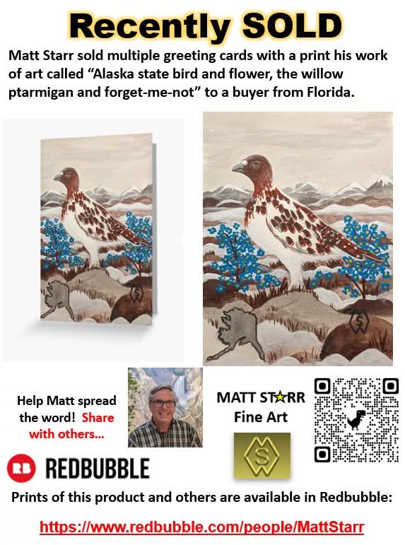 MattStarrFineA1's tweet image. I recently sold multiple greeting cards with a print of my work of art called “Alaska state bird and flower, the willow ptarmigan and forget-me-not”. redbubble.com/shop/ap/150662… 

#mattstarrfineart #Alaska #greetingcards #birds #flowers #art #paintings #artforsale #artist #cards