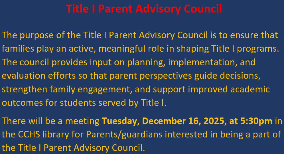 CharlesCityPS's tweet photo. There will be a Title I Parent Advisory Council meeting, Tues. Dec. 16, at 5:30pm in the CCHS library.  Please consider joining us. https://t.co/i8LSoUnun9