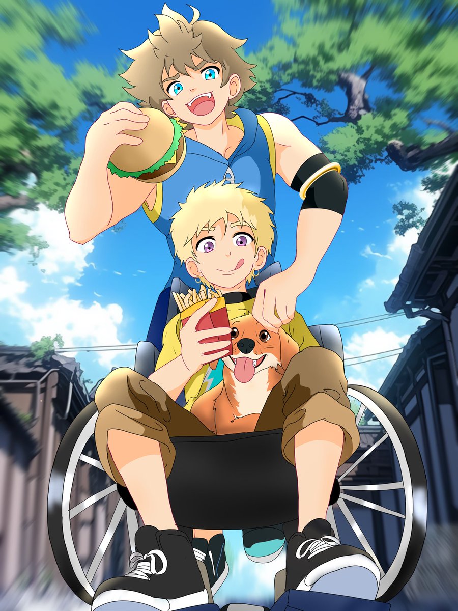 My Flux Destiny character Hikaru hanging out with his friend Omid &amp; his dog Rumble 😄🐶
Special thanks to <a href="/JakobiRhodes12/">Jtoons</a> for making this commission for me 😄✨#FluxDestiny