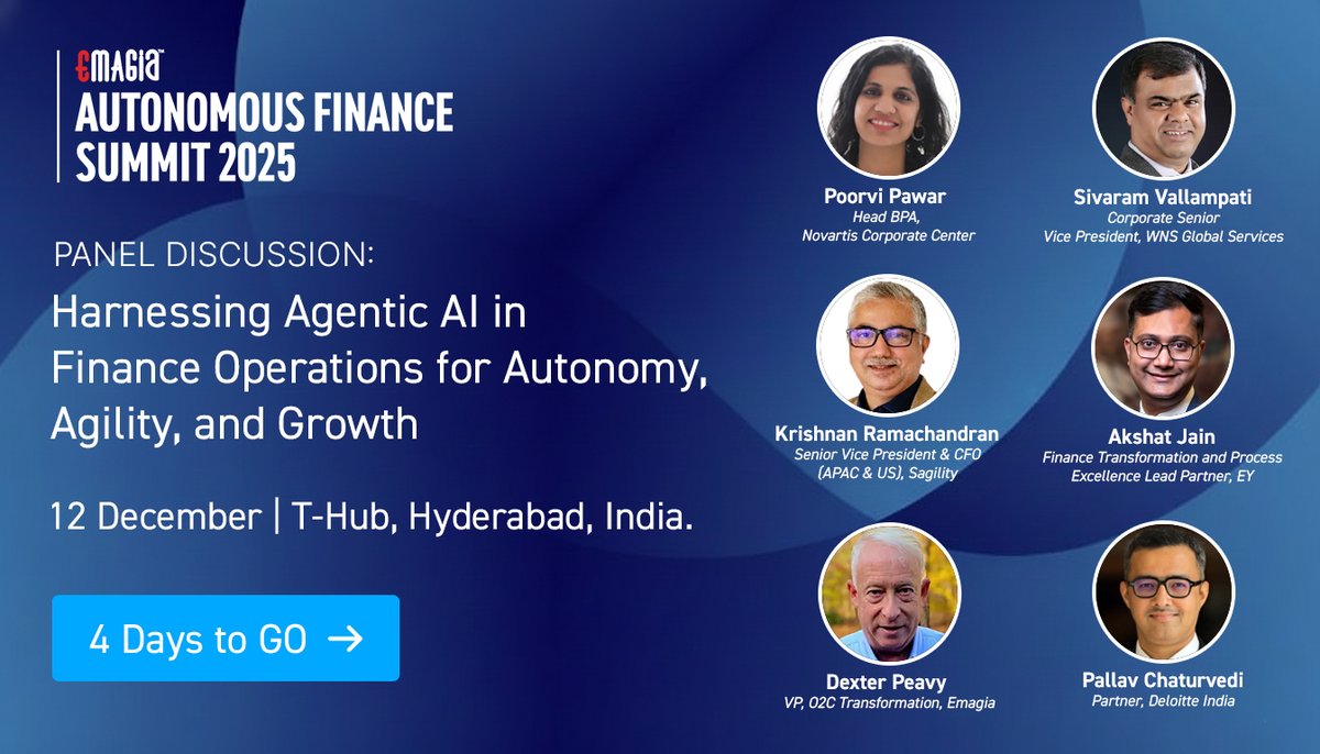 At Emagia Autonomous Finance Summit 2025, we’re uniting visionaries, innovators, leaders who believe that finance should be fast, smart, and autonomous. Panel - Harnessing Agentic AI in Finance Operations for Autonomy, Agility, and Growth. 👉emagia.com/autonomous-fin… #Emagia