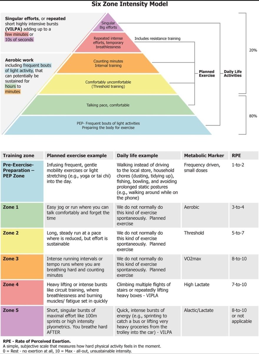 A recent analysis updates the 80/20 principle: not two zones, but six physiological intensity domains.
It distinguishes aerobic, threshold, VO₂max, lactate-heavy, and maximal alactic work, while recognizing that most of the weekly load should still come from low-intensity