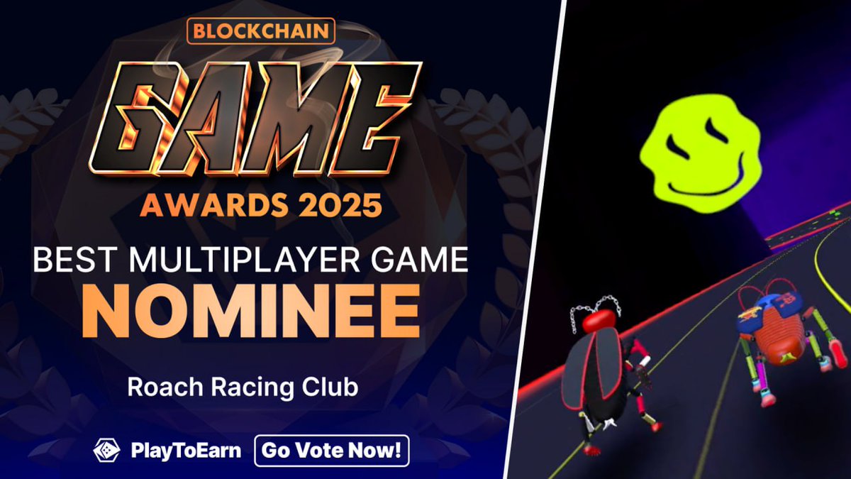 RoachRacingClub's tweet image. ⏰ LAST 48H to vote!

Roach Racing Club has been nominated by @PlayToEarn for Best Multiplayer Game in the Blockchain Game Awards 2025 — and we need your support!

Vote for us for a chance to win an 📱iPhone 17 + an 🎁 NFT Lootbox!

🗳 How to vote 👇