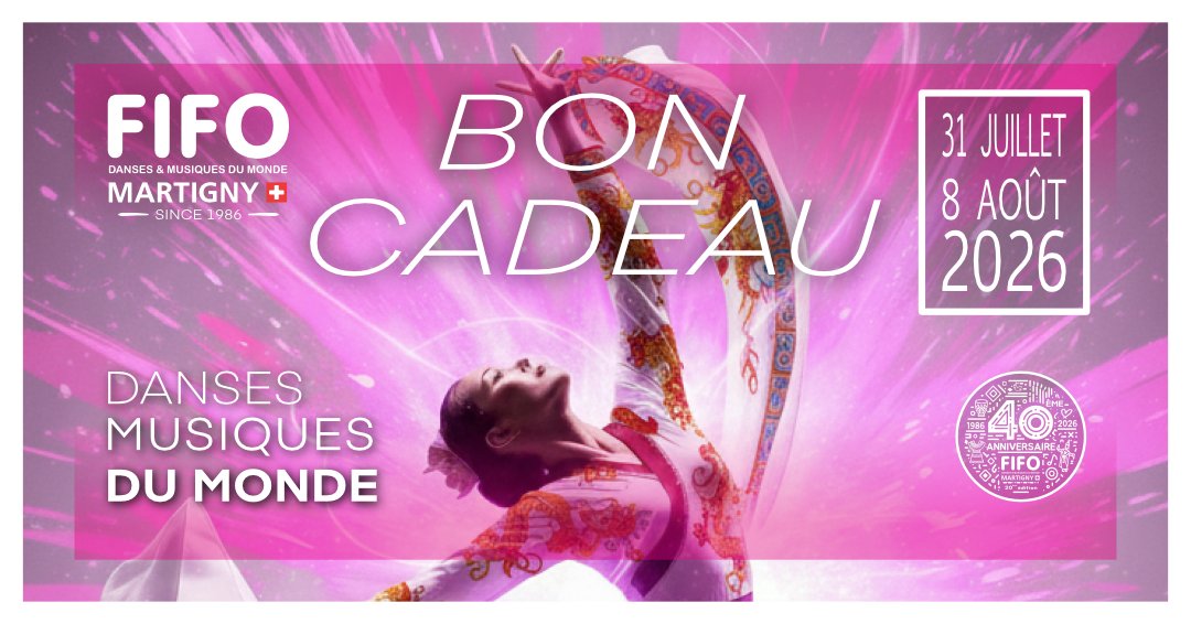 FIFOMY's tweet image. 🎁 Offrez le monde en cadeau !
Les Bons Cadeaux du FIFO-Martigny sont disponibles pour la 20e édition du festival, du 31 juillet au 8 août 2026 🌍✨
💃 Une idée parfaite pour les passionnés de danses et musiques du monde !
👉 Infos &amp;amp; bons cadeaux : secretariat@fifo.ch
#FIFO2026
