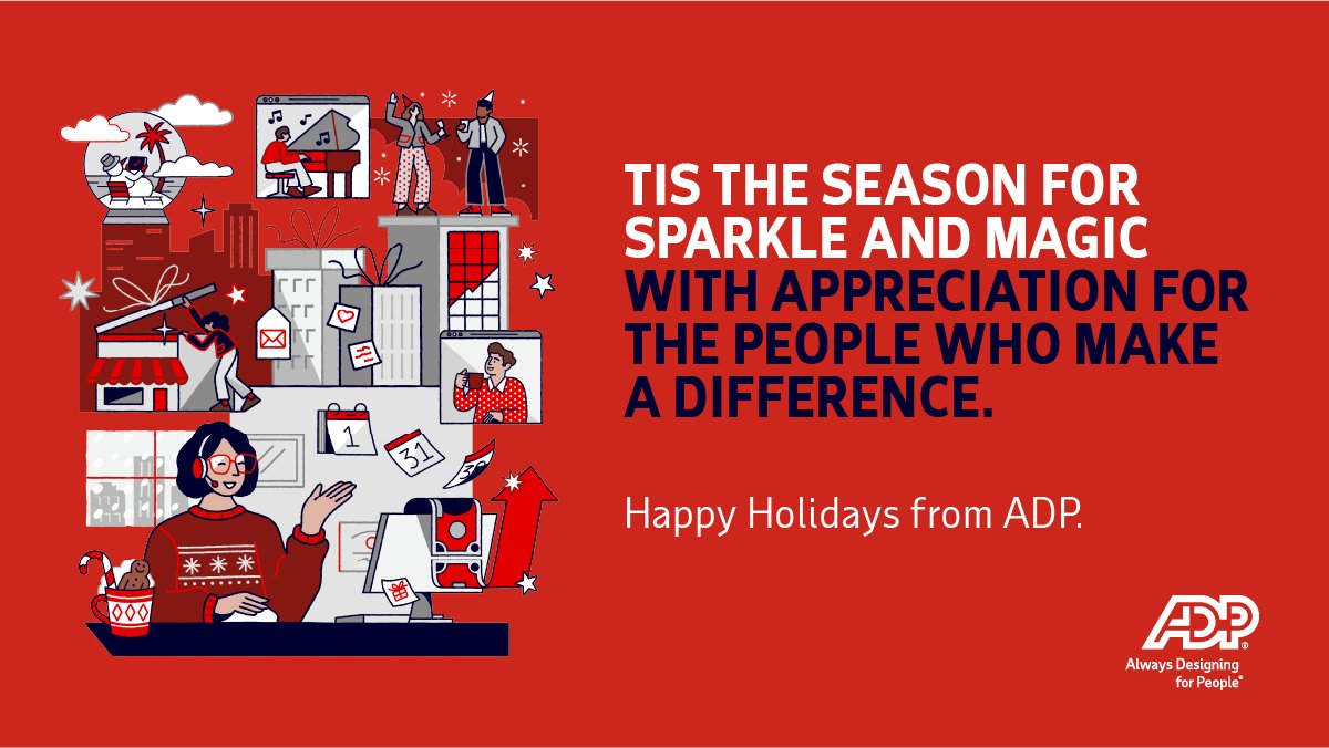 ADP's tweet image. As the holiday season unfolds, we wish you and your loved ones a joyous break. Thank you for being a part of our journey. Happy holidays from ADP!

#HolidayWishes #HRCommunity
