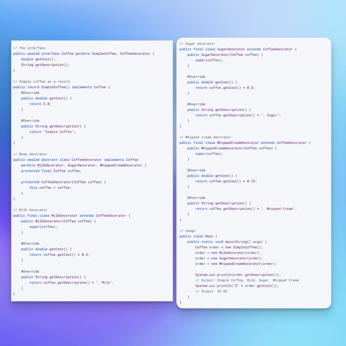 iamsaquibdev's tweet image. Decorator Design Pattern in Java ✅

The Decorator Pattern allows you to add new features or responsibilities to an object dynamically without changing its original code. 

Key Advantages of Decorator Pattern
1. Add features dynamically - No need to modify original class
2.…
