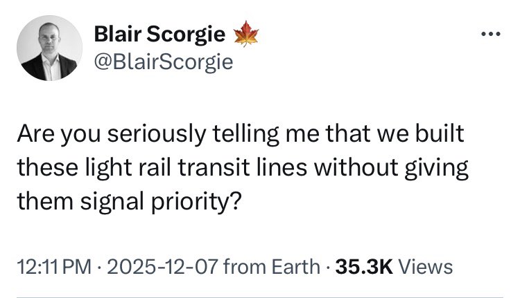 g_meslin's tweet image. Toronto, where we spend 6+ years and a couple billion dollars to build 11 km of higher order transit for a part of the city that has none, but then undermine the whole premise - improved speed and reliability - by not giving it true signal priority.

Fix this.
