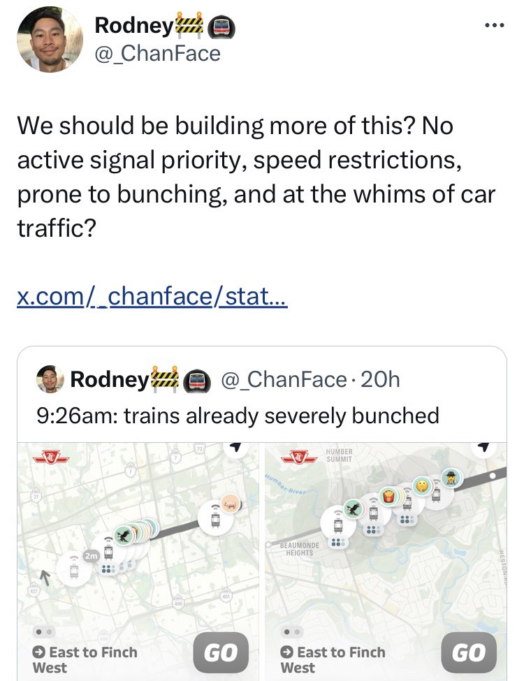 g_meslin's tweet image. Toronto, where we spend 6+ years and a couple billion dollars to build 11 km of higher order transit for a part of the city that has none, but then undermine the whole premise - improved speed and reliability - by not giving it true signal priority.

Fix this.