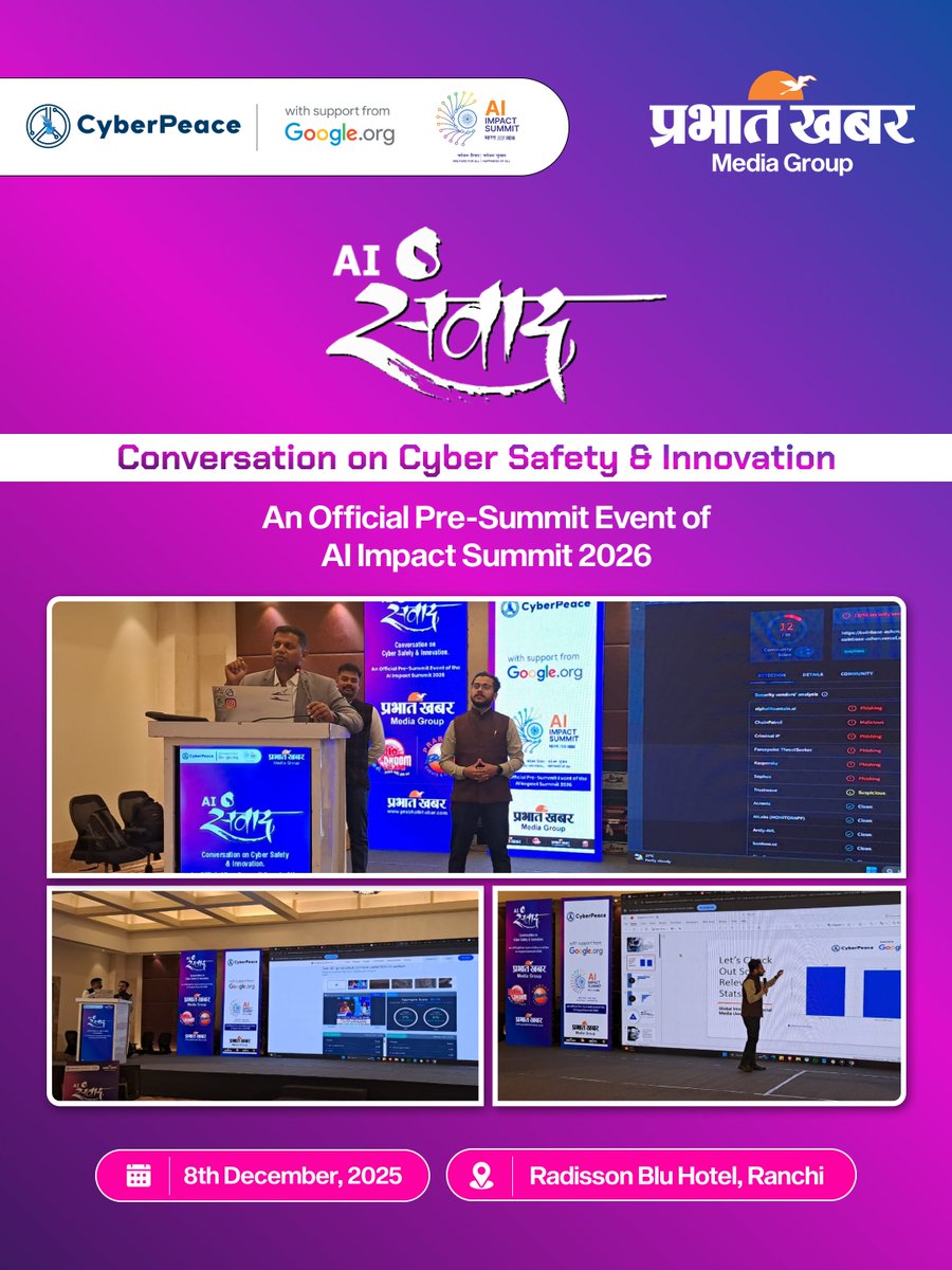 cyberpeacengo's tweet image. LIVE NOW 🔴 | #AI_संवाद  at📍 Ranchi 

#CyberPeace☮️ in collaboration with @prabhatkhabar Media Group, Ranchi and with the support of @Googleorg is LIVE with a high-impact AI-Based Technical Session focused on #OnlineSafety, #ArtificialIntelligence &amp;amp; #DigitalInnovation.

This…