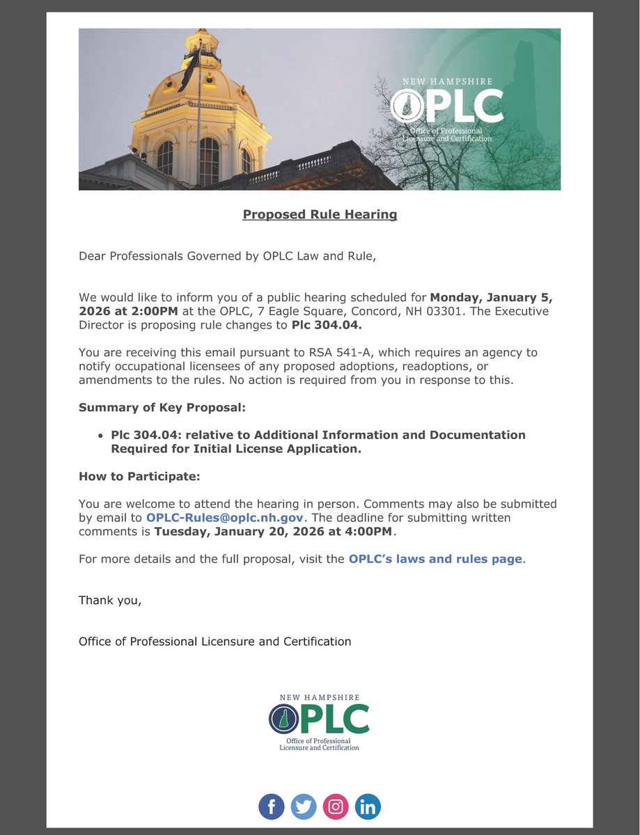 The Executive Director will be holding a proposed rule hearing on Plc 304.04. For more information, please visit: oplc.nh.gov/oplc-laws-and-…