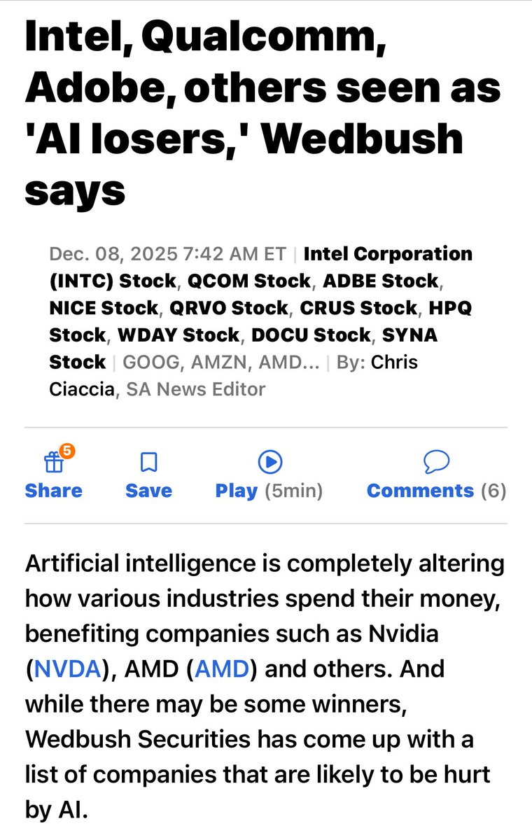 Wedbush AI 正徹底改變各產業的資本支出方式，帶動$NVDA $AMD  等企業受惠，雖然有部分公司成為贏家，但也有可能因AI發展而受衝擊的企業。  在半導體與PC領域，電腦記憶體需求激增正擠壓傳統PC及手機領域相關的企業，對$INTC $HPQ $SYNA $QCOM $QRVO $CRUS  等公司帶來負面 ...