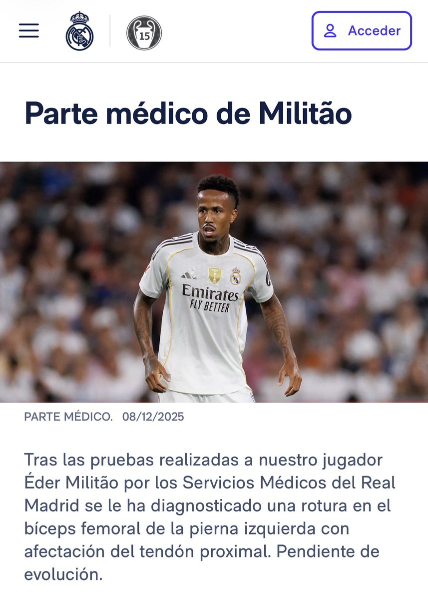 🚨 Se confirman los peores pronósticos con la lesión de Eder Militão.

✅ Rotura del bíceps femoral grado 3A o C (3-4 meses de recuperación). 

⚠️ Gravedad alta, para un jugador es una de las peores variantes de lesión muscular posible. Golpe durísimo para el Real Madrid.