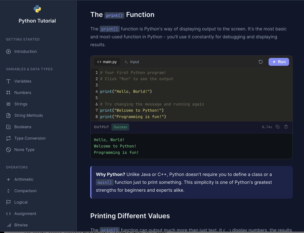 anish2good's tweet image. Free, interactive Python course  Variables → Functions → OOP → Files → Testing → Advanced (decorators, iterators, typing). Run code in-browser: 8gwifi.org/tutorials/pyth… 
#Python #CodeNewbie #Dev #LearnToCode