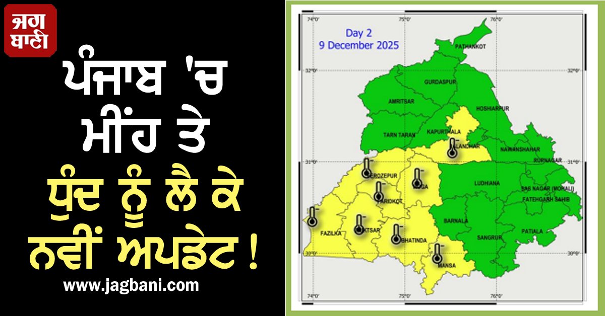 JagbaniOnline's tweet image. ਪੰਜਾਬ ਵਿਚ ਠੰਡ ਨੇ ਆਪਣੇ ਤੇਵਰ ਦਿਖਾਉਣੇ ਸ਼ੁਰੂ ਕਰ ਦਿੱਤੇ ਹਨ। ਜ਼ਿਆਦਾਤਰ ਇਲਾਕਿਆਂ ਵਿਚ ਤੜਕਸਾਰ ਧੁੰਦ ਦਾ ਅਸਰ ਦਿਸਨਾ ਵੀ ਸ਼ੁਰੂ ਹੋ ਗਿਆ ਹੈ। ਹਾਲਾਂਕਿ ਦੁਪਹਿਰ ਵੇਲੇ ਖੁੱਲ੍ਹ ਕੇ ਧੁੱਪ ਖਿੜਣ ਕਾਰਨ ਲੋਕਾਂ ਨੂੰ ਰਾਹਤ ਵੀ ਮਿਲ ਰਹੀ ਹੈ। 
#Punjab #PunjabWeatherUpdate #Rain #Fogg