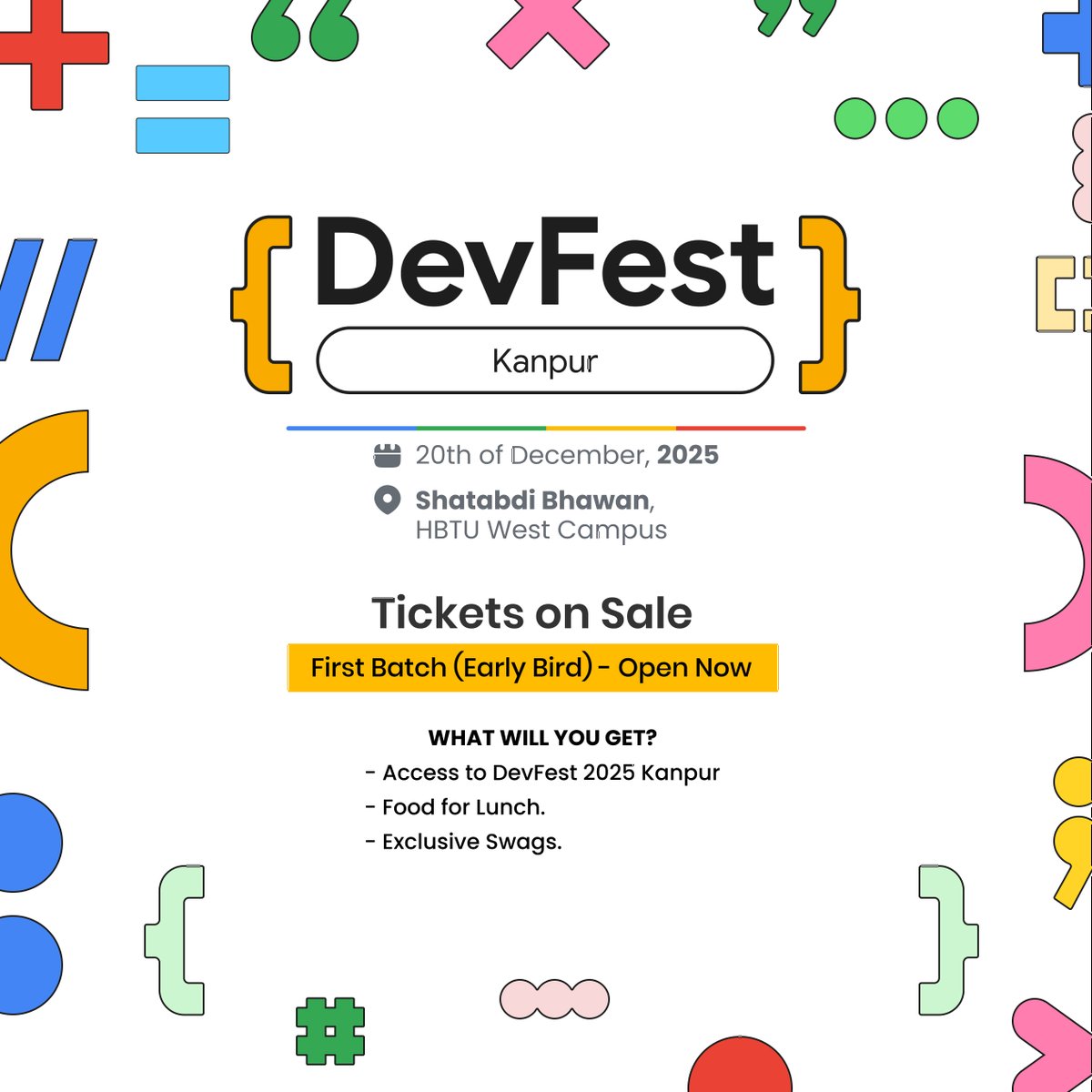 🎟️ Early Bird Tickets are LIVE for DevFest Kanpur 2025! 🎟️

Grab your tickets now before they fly away! ➡️ Link to Event/Tickets: gdg.community.dev/e/m4hngx/

#EarlyBirdTickets #TicketsOnSale #BookNow #DevFestKanpur #DevFest #TechEvent #DevFest2025 #Kanpur #HBTU #Developers