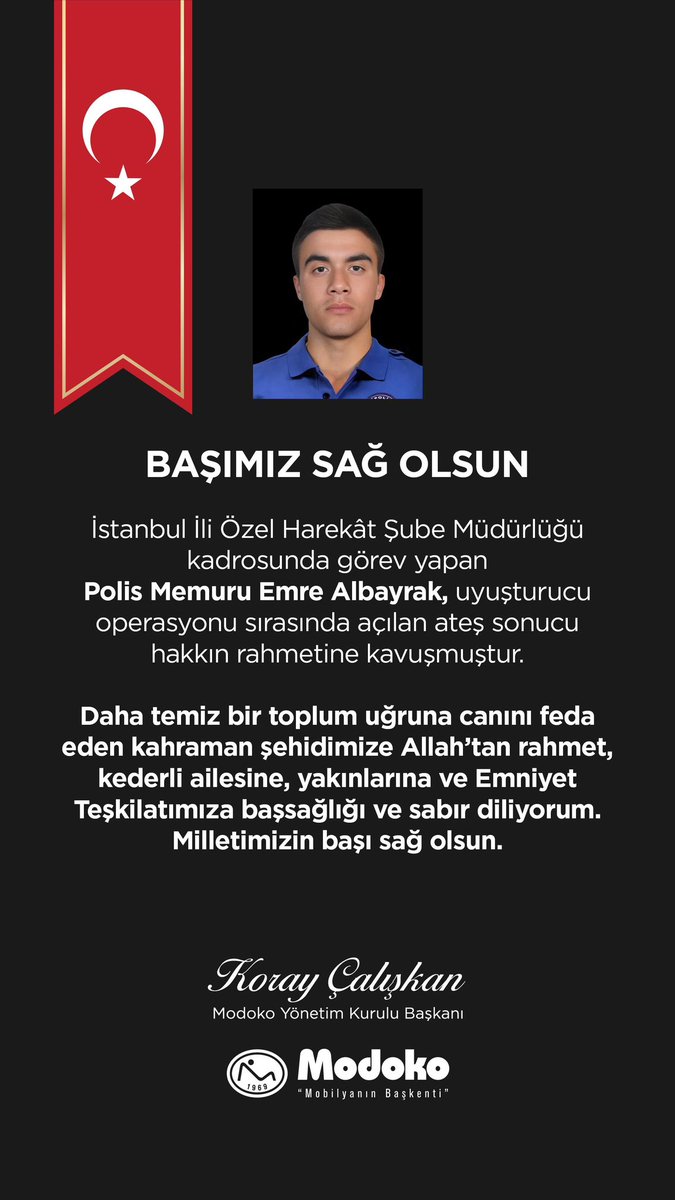 Daha temiz bir toplum uğruna canını feda eden kahraman şehidimize Allah’tan rahmet, kederli ailesine, yakınlarına ve Emniyet Teşkilatımıza başsağlığı ve sabır diliyorum. Milletimizin başı sağ olsun.🇹🇷