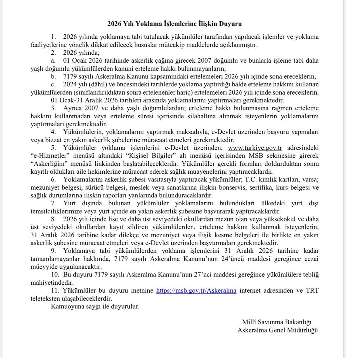 2026 Yılı Askerlik Yoklaması İşlemlerine İlişkin Duyuru
