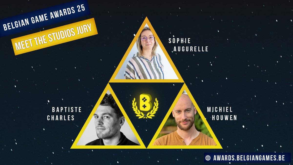 Next to games, we also have studio submissions across three categories for the Belgian Game Awards, and to help us out, we have this triforce of jury members:

🖤 Sophie Augurelle
💛 Michiel Houwen
❤️ Baptiste Charles

#BGA25 | awards.belgiangames.be