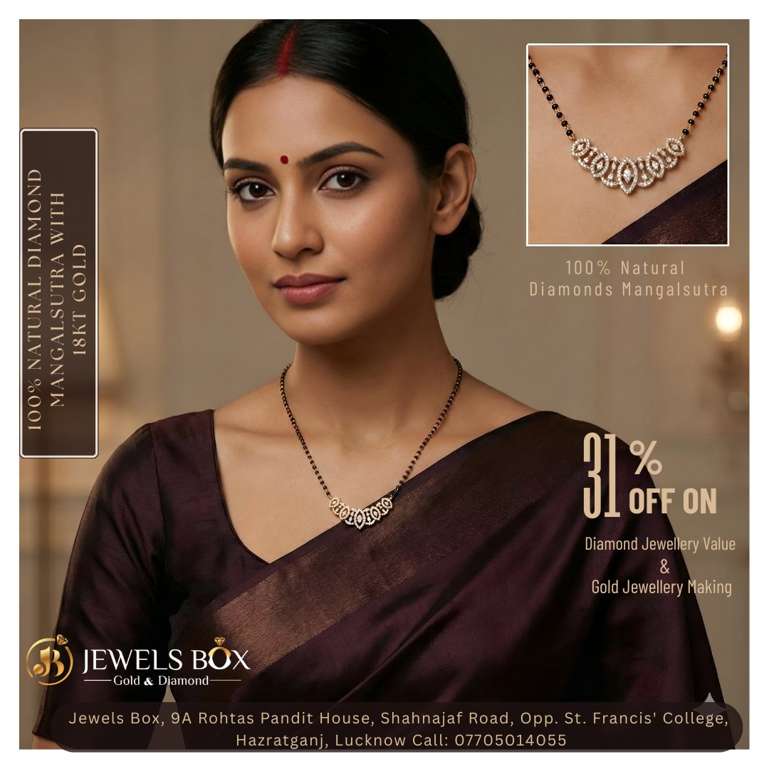 JewelsBox39606's tweet image. 100% Natural Diamond Mangalsutra with 18Kt gold | 31% OFF on Gold Jewellery Making &amp;amp; Diamond Jewellery Value at Jewels Box, Hazratganj, Lucknow
#JewelsBox #DiamondMangalsutra #NaturalDiamond #18KtGold #GoldJewellery #DiamondJewellery #SilverJewellery #WeddingJewellery