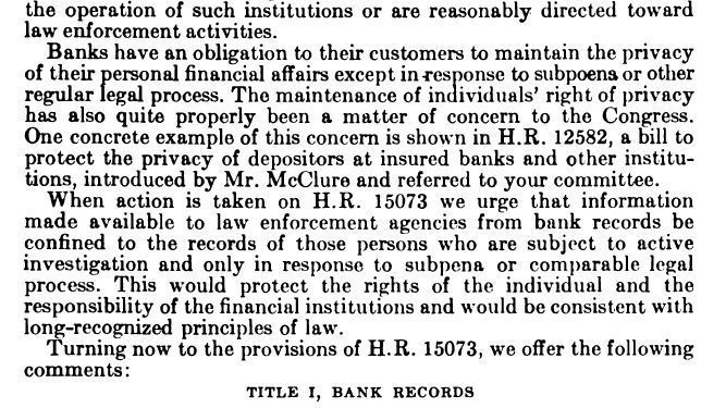 After reading more than 300 pages of congressional transcripts from 1968-1970, I finally found the first instance in which someone said the Bank Secrecy Act would harm financial privacy. 

Clifford Sommer (American Bankers Association) urged Congress to reconsider what it was