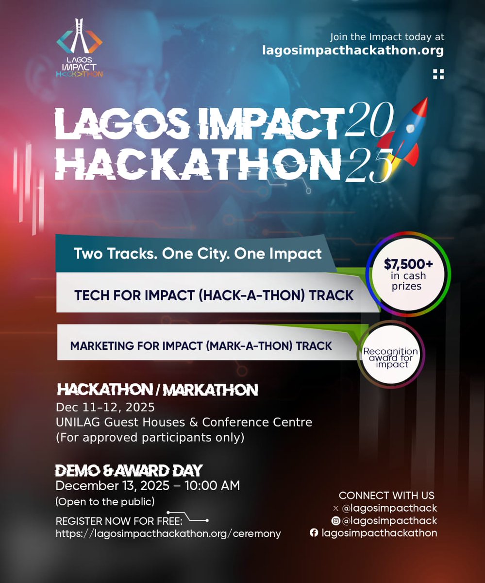 Your front-row seat to innovation!

Join us this Saturday for the Lagos Impact Hackathon Demo &amp; Award Day, where our finalists will unveil innovative tech solutions designed to tackle SDG-related challenges.

It promises to be an inspiring day dedicated to innovation, grit, and