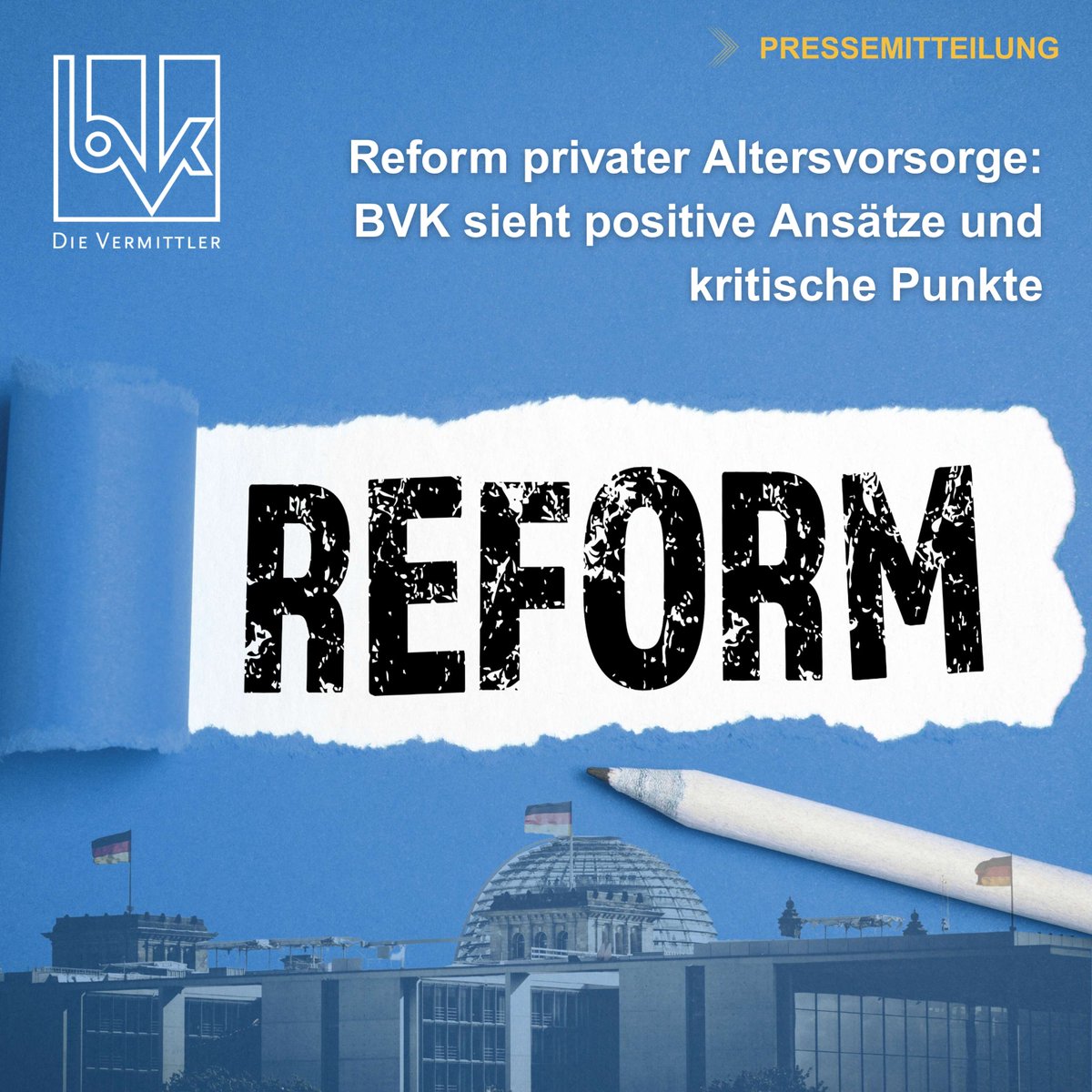 BVK_Presse's tweet photo. Reform der privaten Altersvorsorge: Gute Impulse – aber entscheidende Lücken ⚖️ Zur Pressemitteilung: https://t.co/yGV8IWgrqE

#BVK #DieVermittler #Altersvorsorge #Refernetenentwurf #Gesetzgebungsprozess https://t.co/jwPV6NXbrD